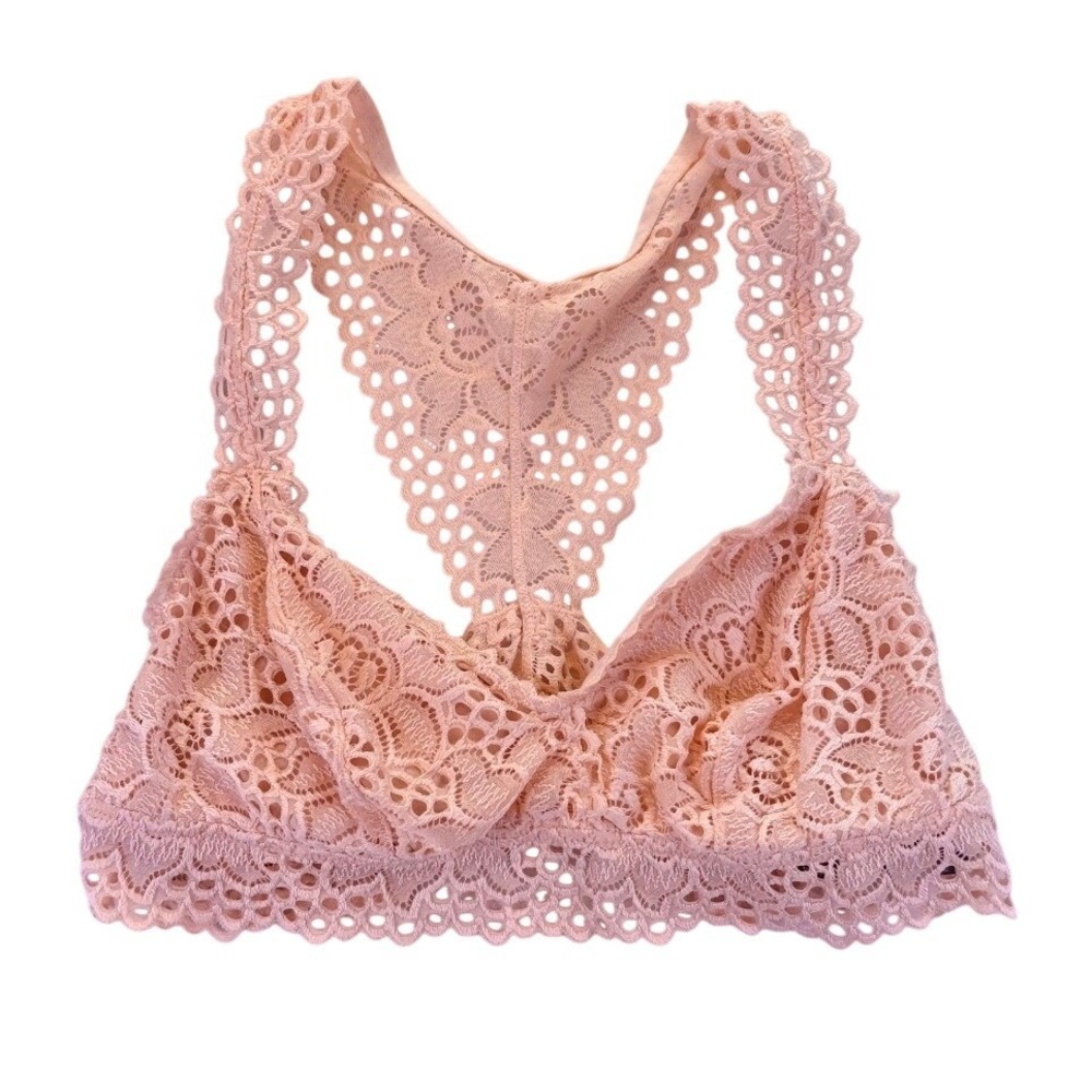 Aerie Peach Floral Lace Racerback Bralette XL Coquette Eyelet Scalloped Trim